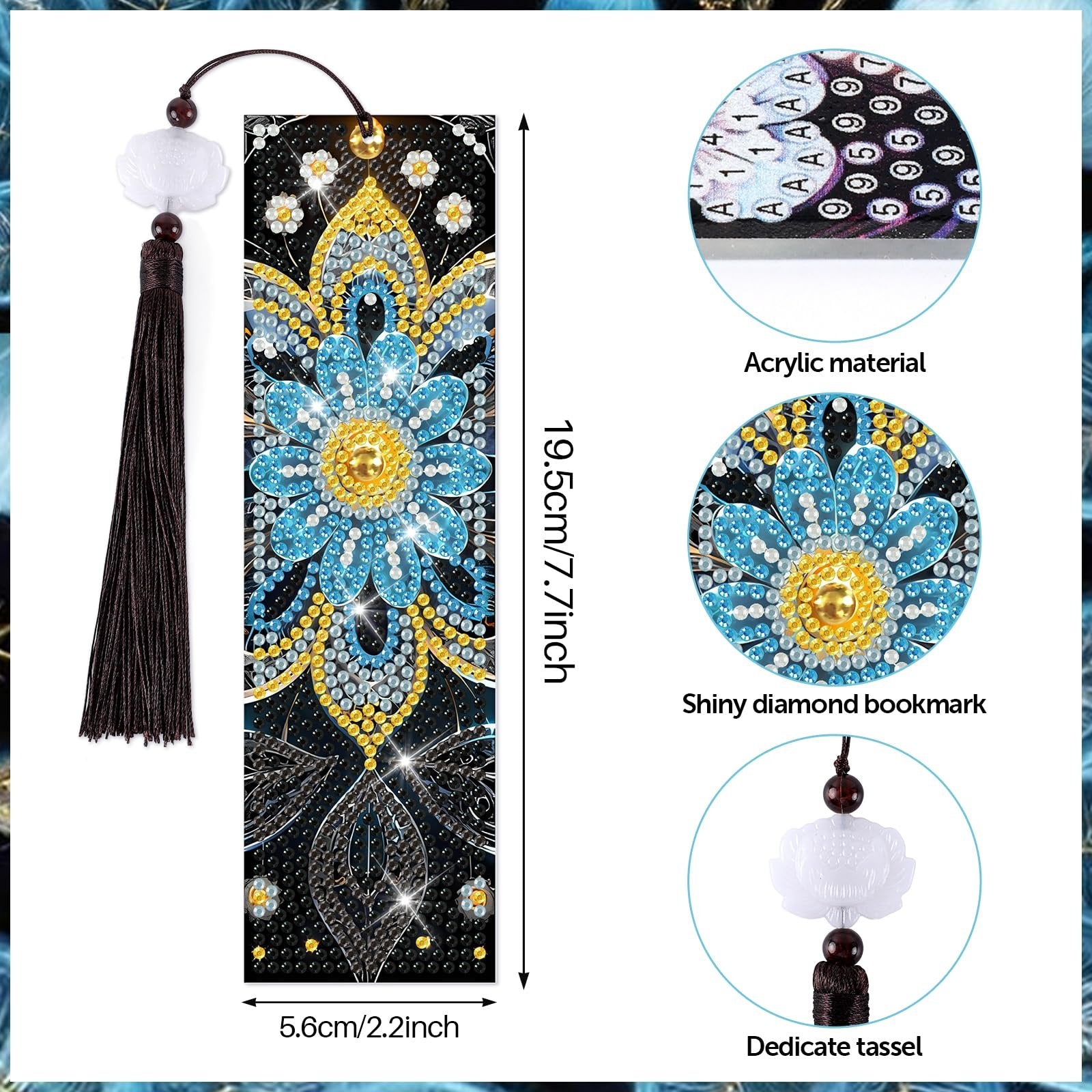 Diamond art bookmark with blue floral pattern, dark tassel, and decorative bead. Includes close-ups of diamond pattern, dimensions, and tassel.