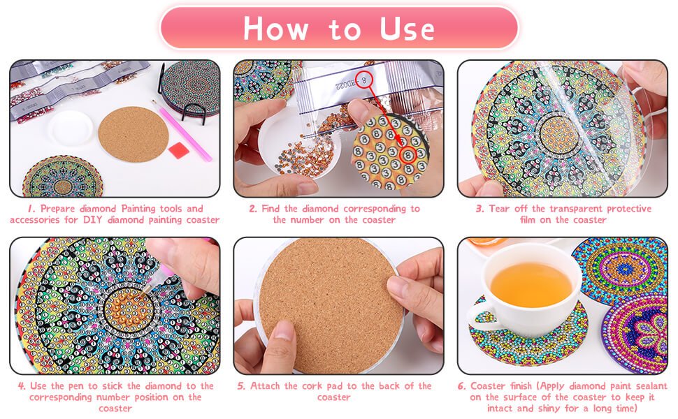 Diamond painting coaster kit instructions showing steps from preparation to finished product with a cup of tea.