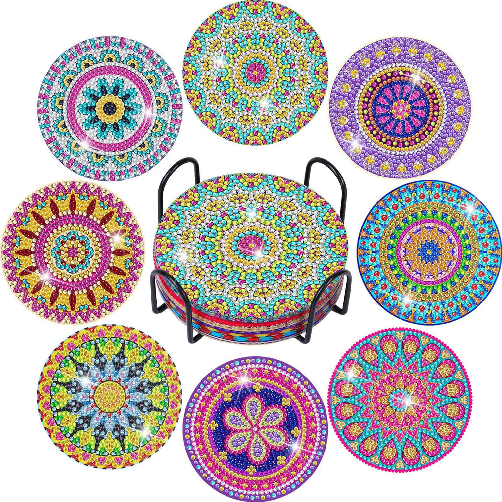 Eight colorful mandala diamond painting coasters displayed with a black metal holder in the center.