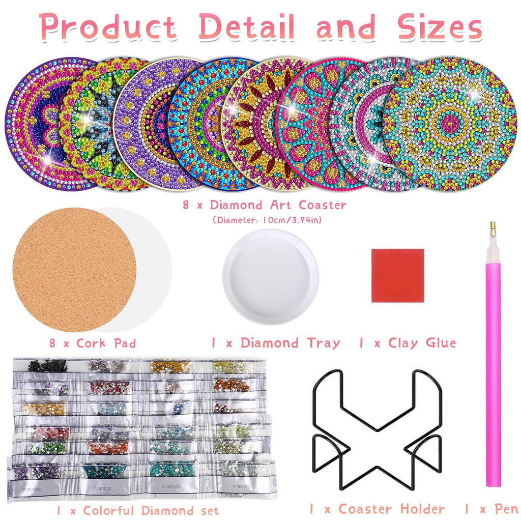 Diamond painting coaster kit contents including 8 mandala coasters, cork bases, diamond tray, clay glue, colorful diamond set, coaster holder, and pen.