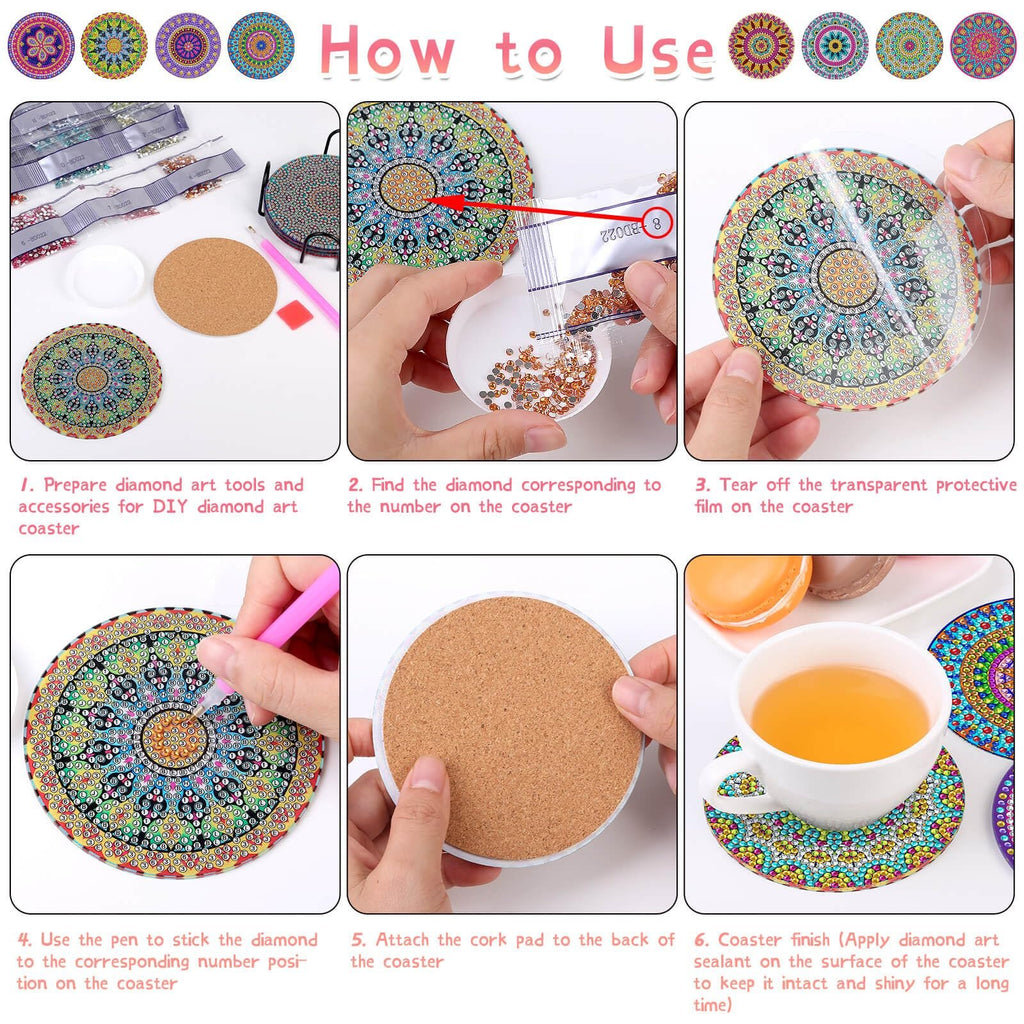 Collage showing how to make diamond art coasters: preparing tools, applying diamonds, and finishing.