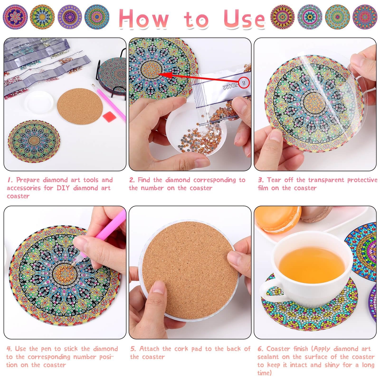 Collage showing how to make diamond art coasters: preparing tools, applying diamonds, and finishing.