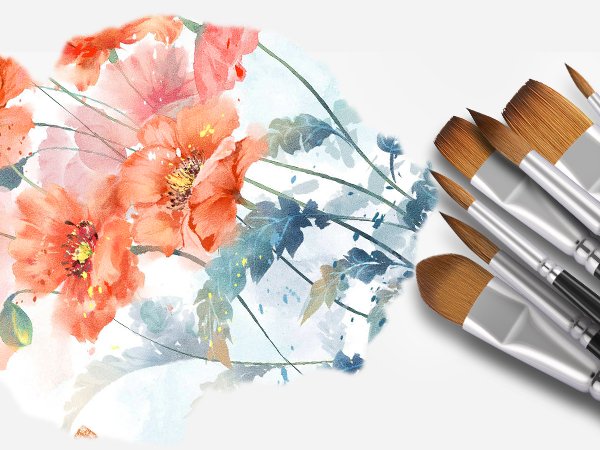 Eight natural sable watercolor brushes with short wood handles arranged on a white surface next to a watercolor painting of red poppies and blue foliage.