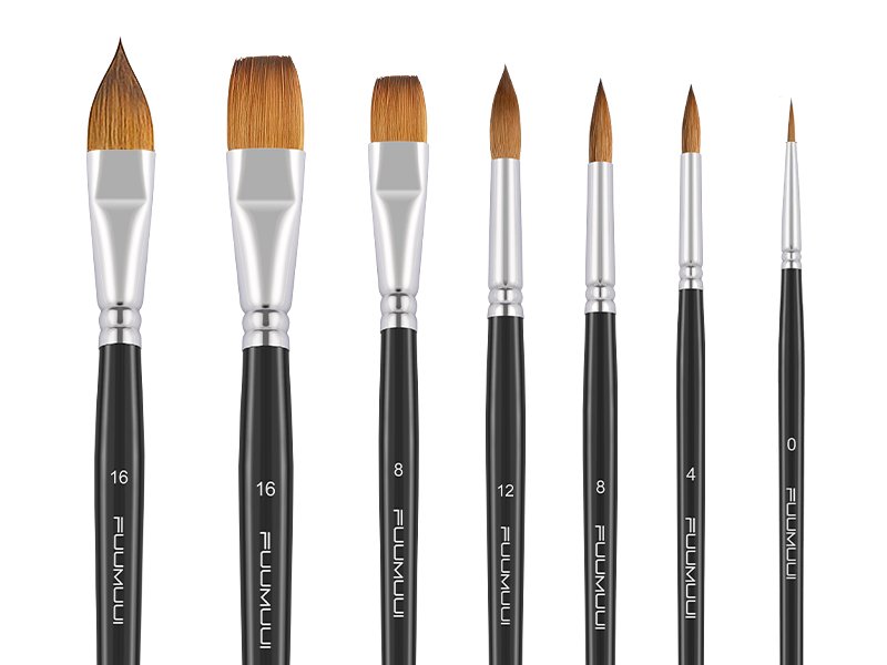 Set of seven natural sable watercolor brushes with black handles and silver ferrules, showing round, flat, and oval shapes.