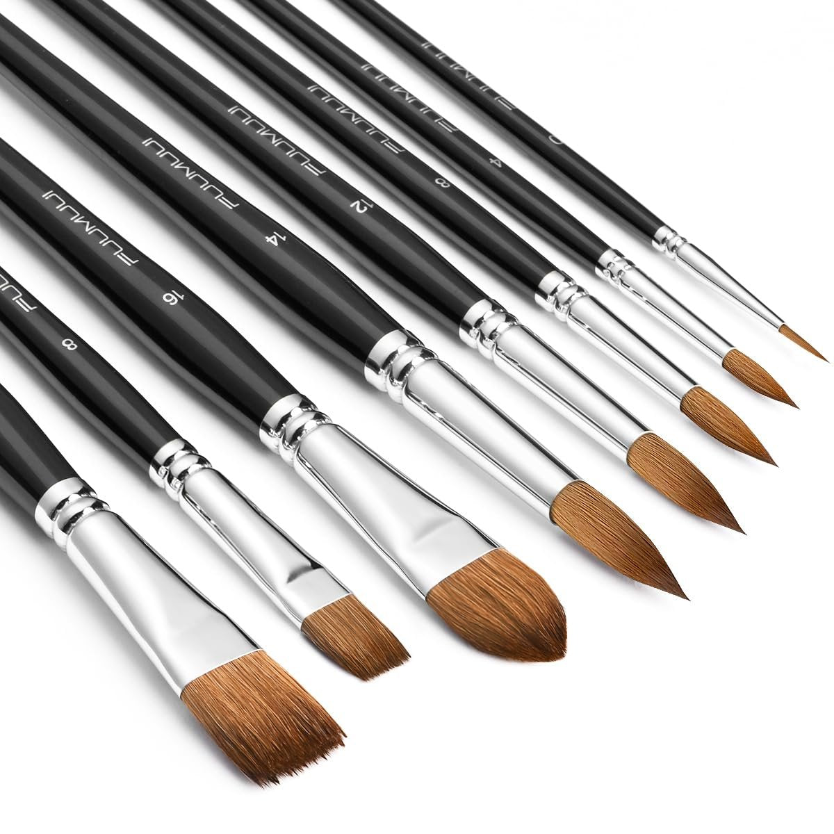 Eight sable watercolor paint brushes with black handles and silver ferrules, angled view on white background.