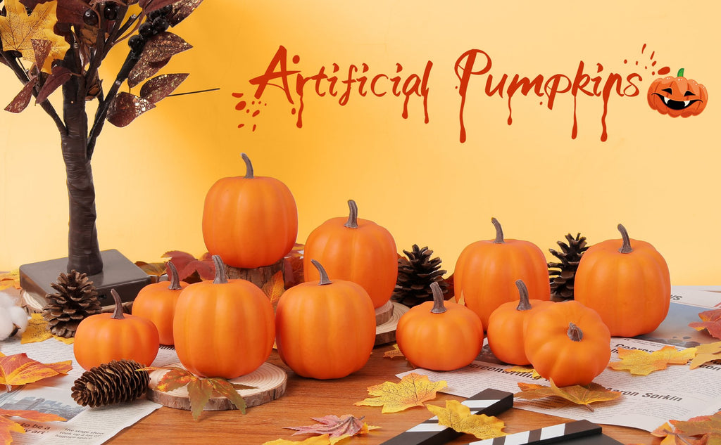 Eight orange artificial foam pumpkins arranged on a wooden surface with fall leaves and pinecones, with a decorative tree and text overlay.