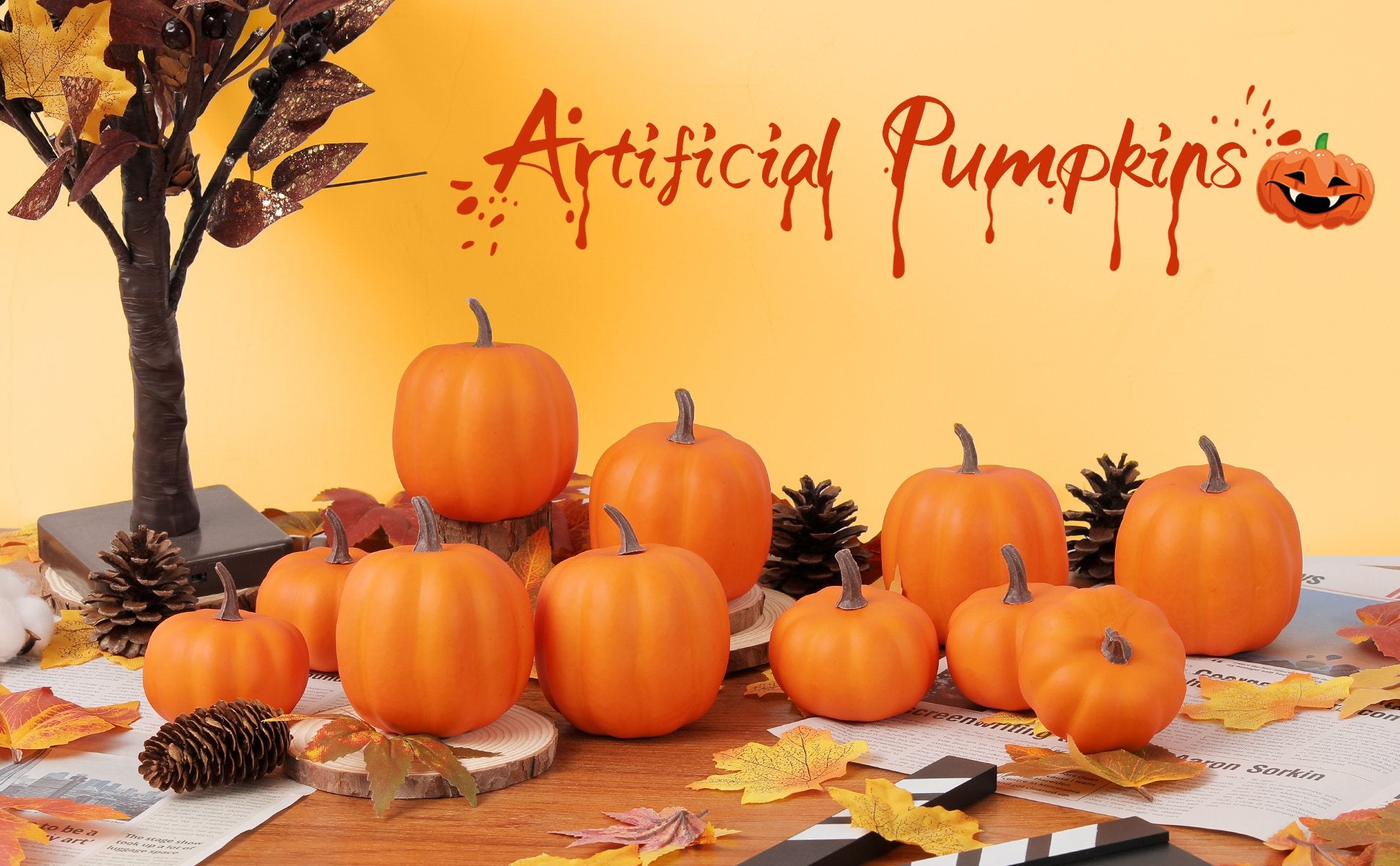 Eight orange artificial foam pumpkins arranged on a wooden surface with fall leaves and pinecones, with a decorative tree and text overlay.