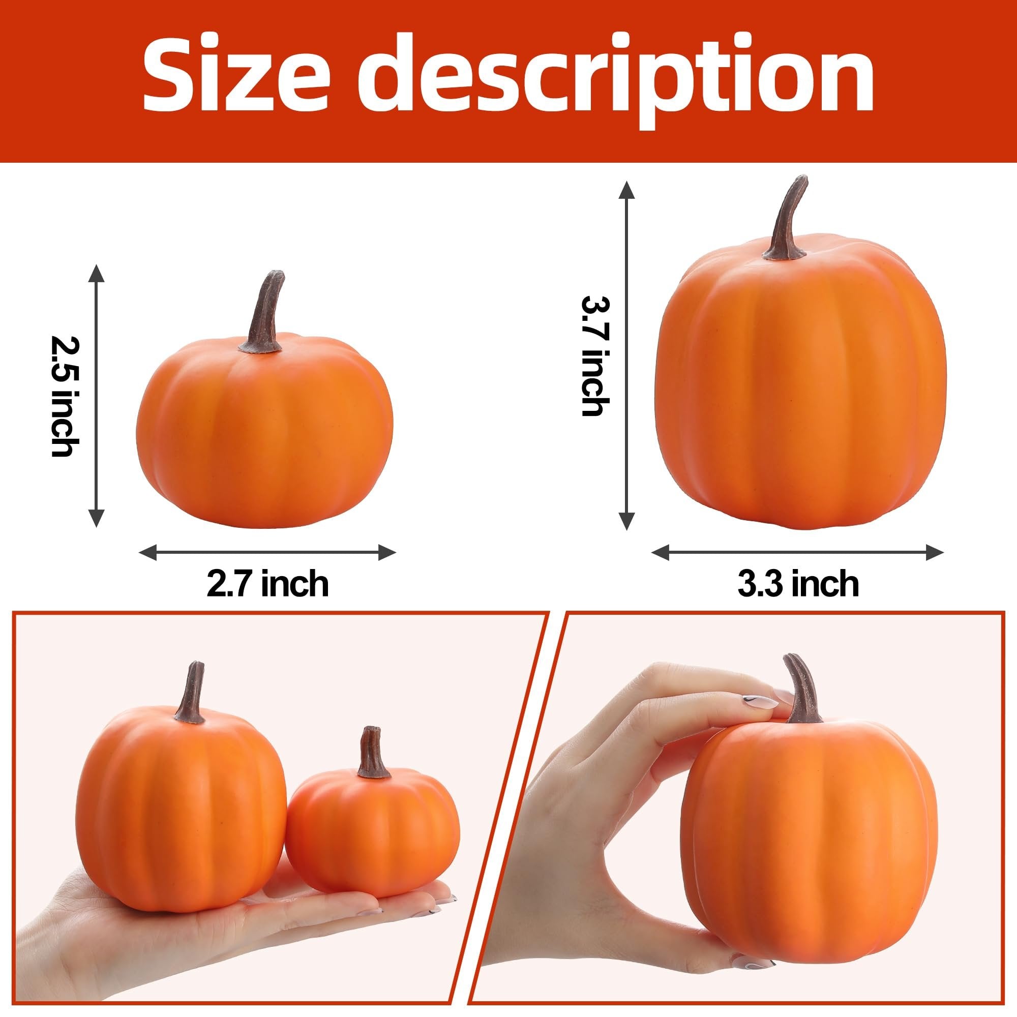 Two orange artificial pumpkins with size dimensions indicated, one held in a hand, and another held by fingers.