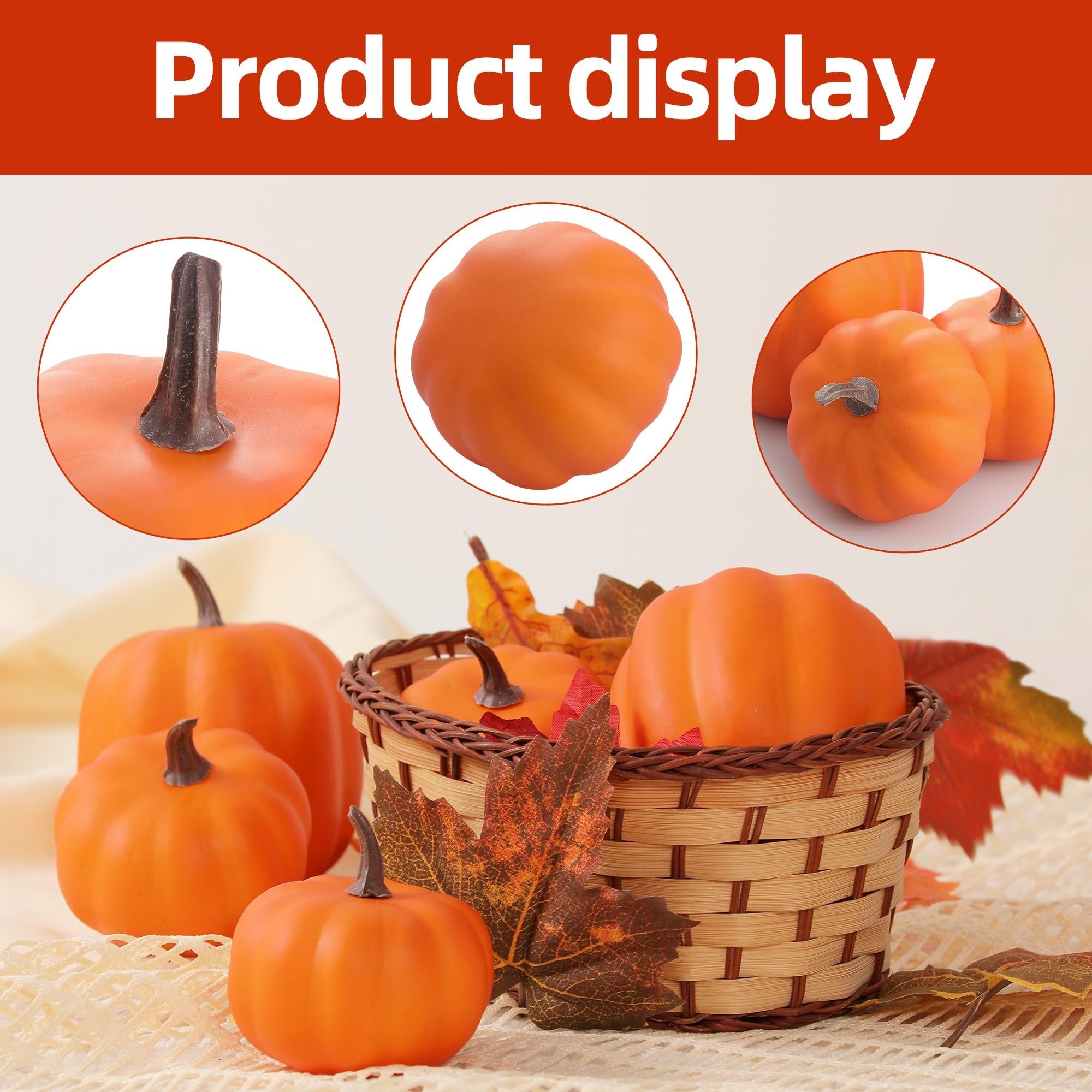 Set of orange artificial foam pumpkins with stems, some in a basket with fall leaves, and close-up insets of pumpkin stems and surfaces.