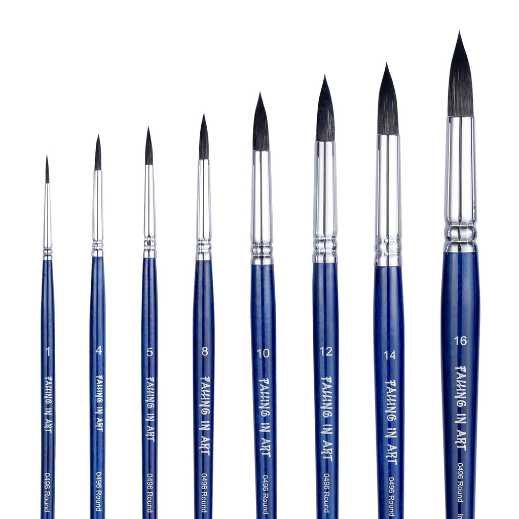 Eight round pointed paintbrushes with blue wooden handles and silver ferrules, arranged by size from smallest to largest.
