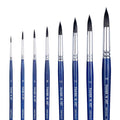 Eight round pointed paintbrushes with blue wooden handles and silver ferrules, arranged by size from smallest to largest.