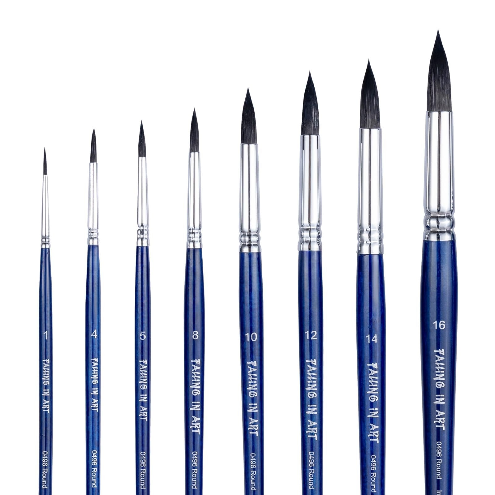 Eight round pointed paintbrushes with blue wooden handles and silver ferrules, arranged by size from smallest to largest.