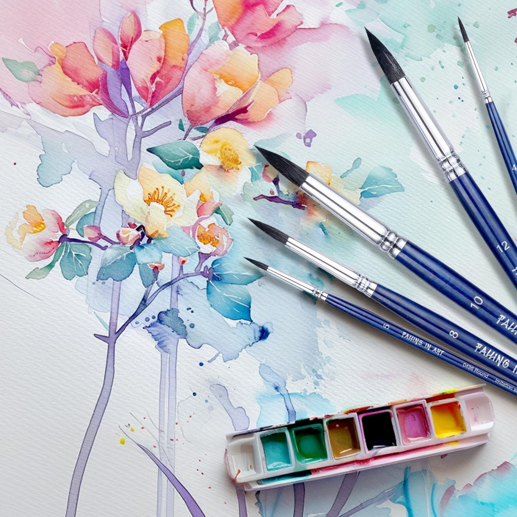 Watercolor painting of flowers with a set of 8 round paintbrushes and a palette of watercolors.