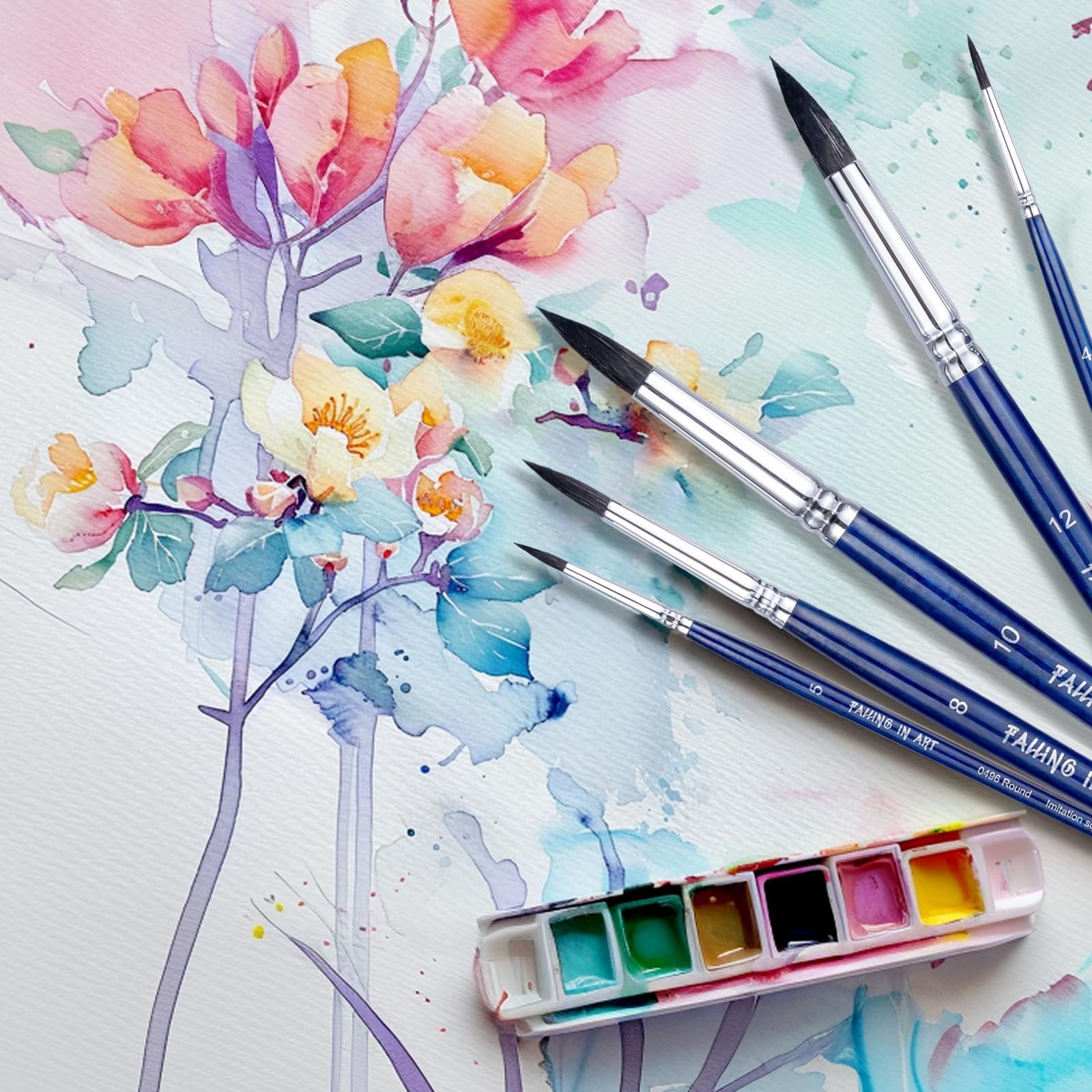 Watercolor painting of flowers with a set of 8 round paintbrushes and a palette of watercolors.