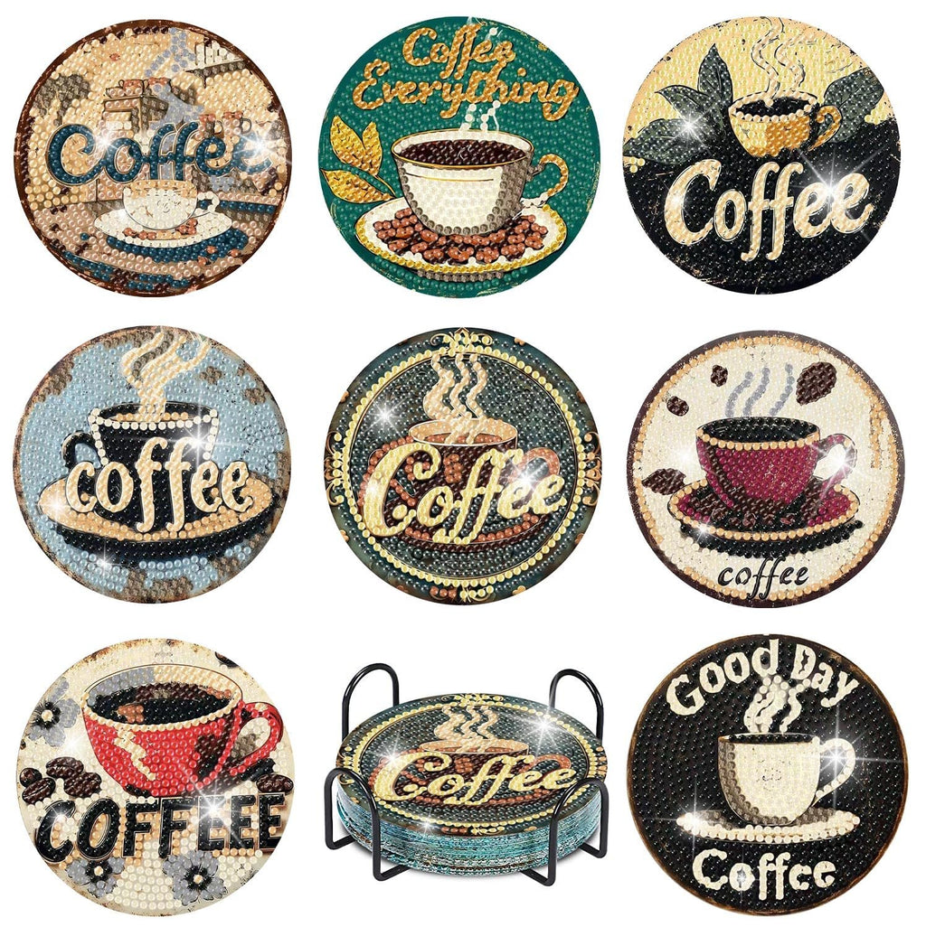 Diamond art coffee coasters and holder, featuring various coffee cup designs and text like 'Coffee' and 'Coffee Everything'.