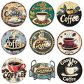 Diamond art coffee coasters and holder, featuring various coffee cup designs and text like 'Coffee' and 'Coffee Everything'.