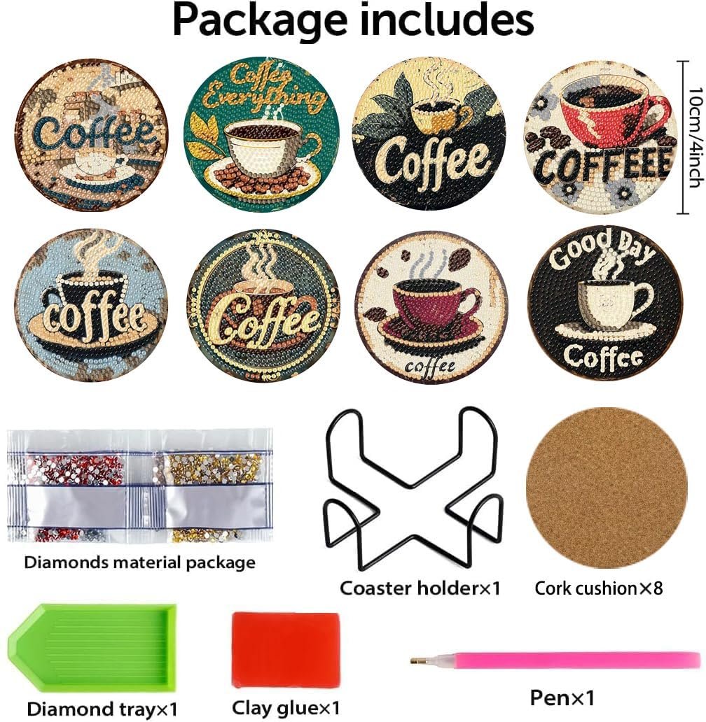 Diamond art coaster kit contents including 8 coffee-themed coasters, diamond bags, holder, cork bases, tray, glue, and pen.
