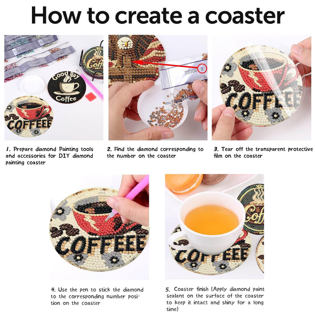 Collage showing steps to create diamond art coasters with coffee designs.