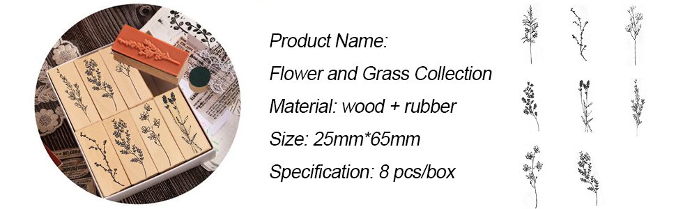 Set of 8 wood mounted rubber stamps with plant and flower patterns in a box, one stamp shown in use.
