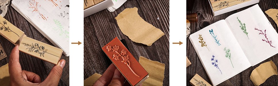 Wood mounted rubber stamps with floral designs being used to stamp images in a journal.