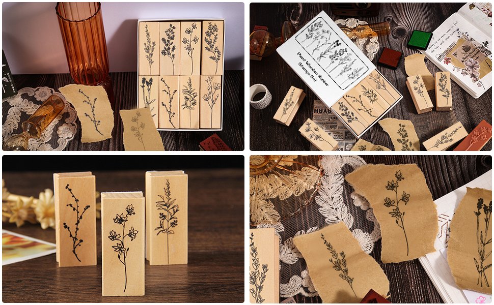 Collage of wood mounted rubber stamps with plant and flower designs, some shown in packaging and on kraft paper.