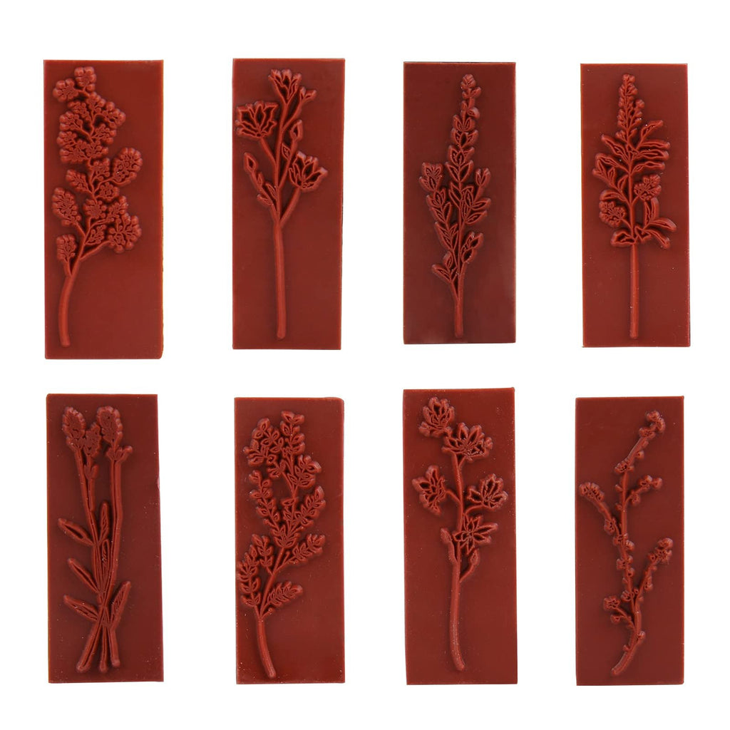 Eight wood-mounted rubber stamps featuring embossed plant and flower patterns, arranged in two rows of four.