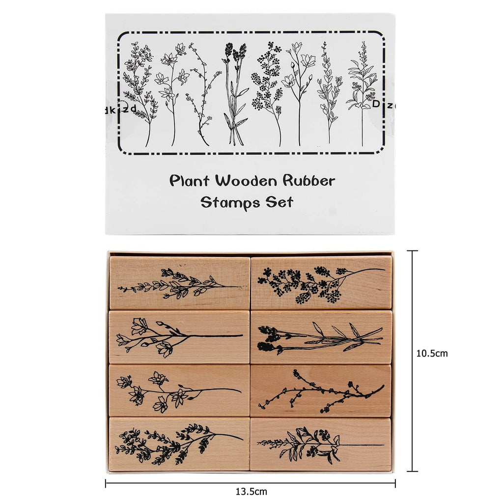 Eight wood-mounted rubber stamps with plant and flower patterns, displayed in two rows of four.
