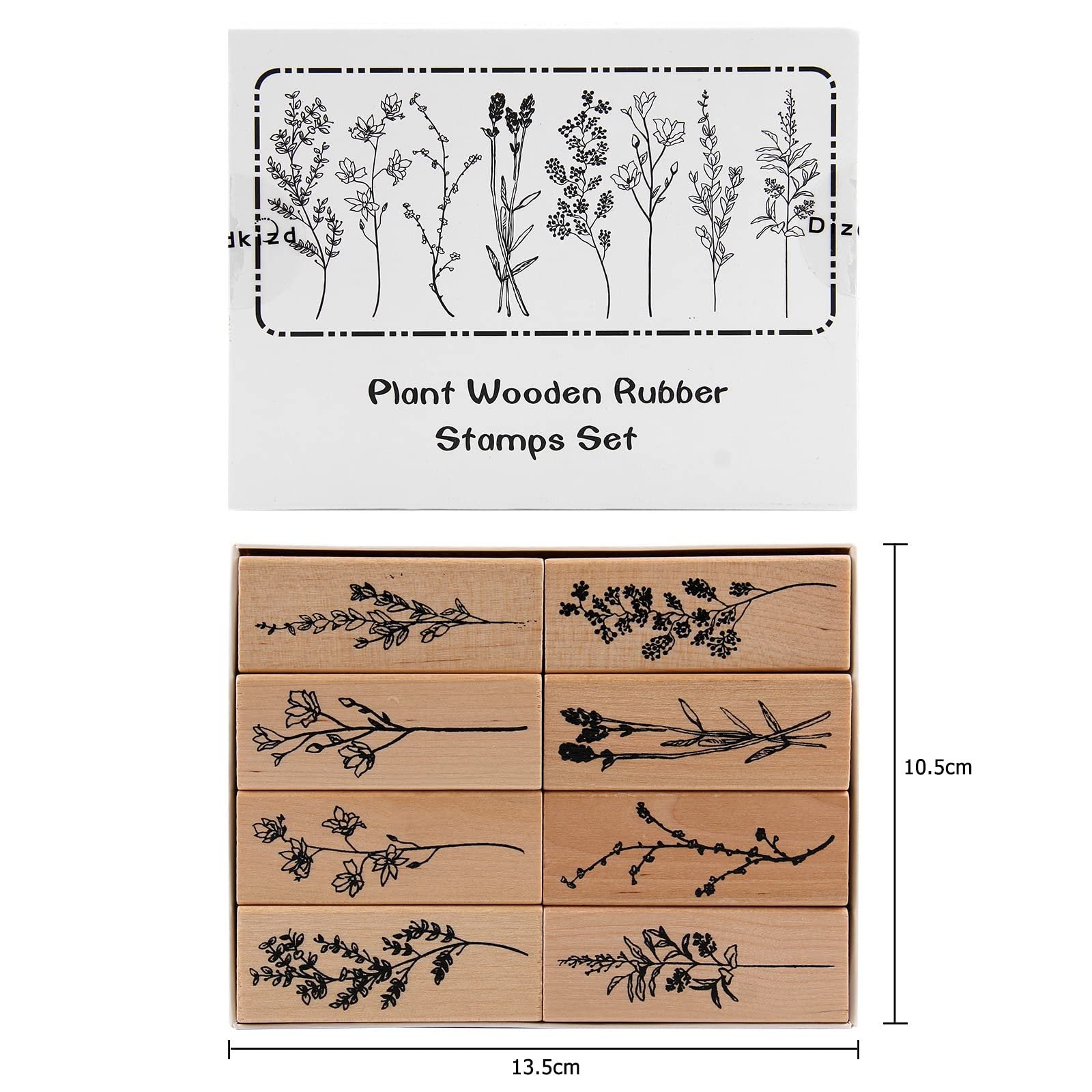 Eight wood-mounted rubber stamps with plant and flower patterns, displayed in two rows of four.