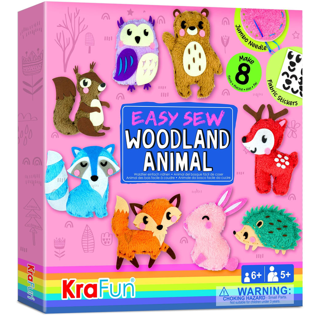 Kids sewing kit box featuring various woodland animal stuffed dolls, instructions, and accessories like needles and stickers.