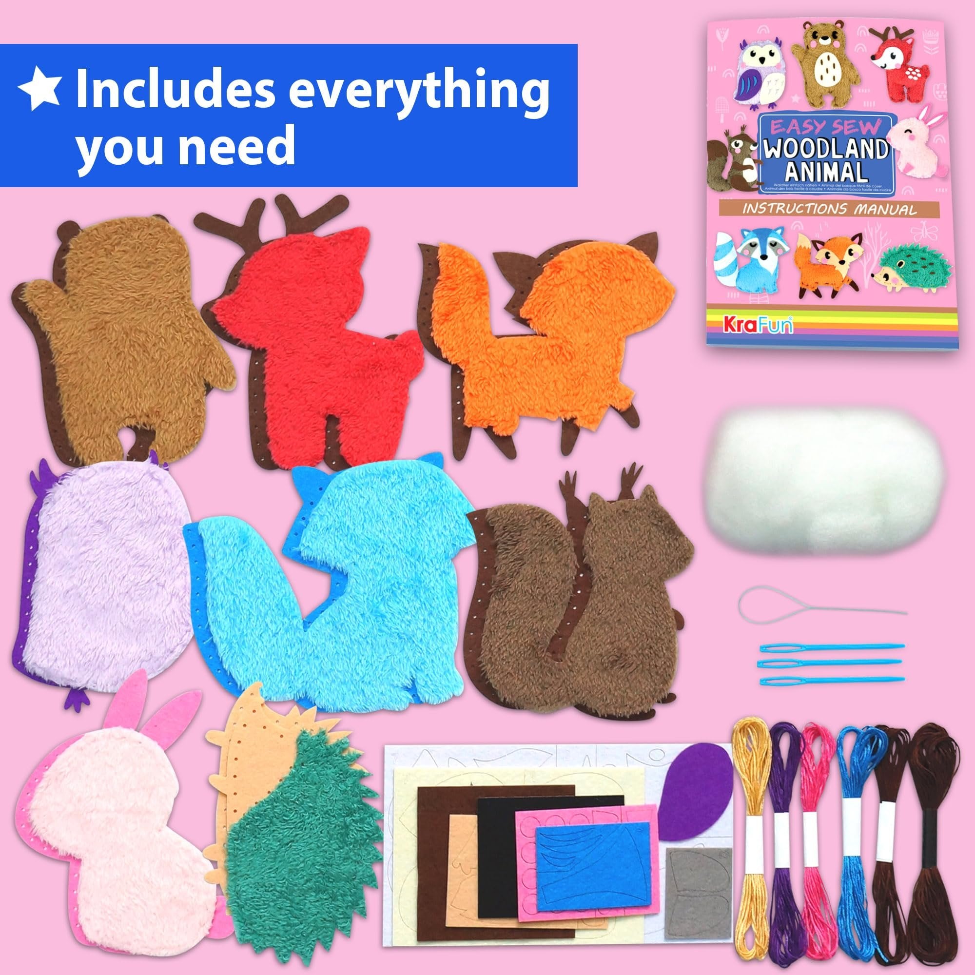 Kids sewing kit with pre-cut felt animal shapes, stuffing, needles, and thread on a pink background.