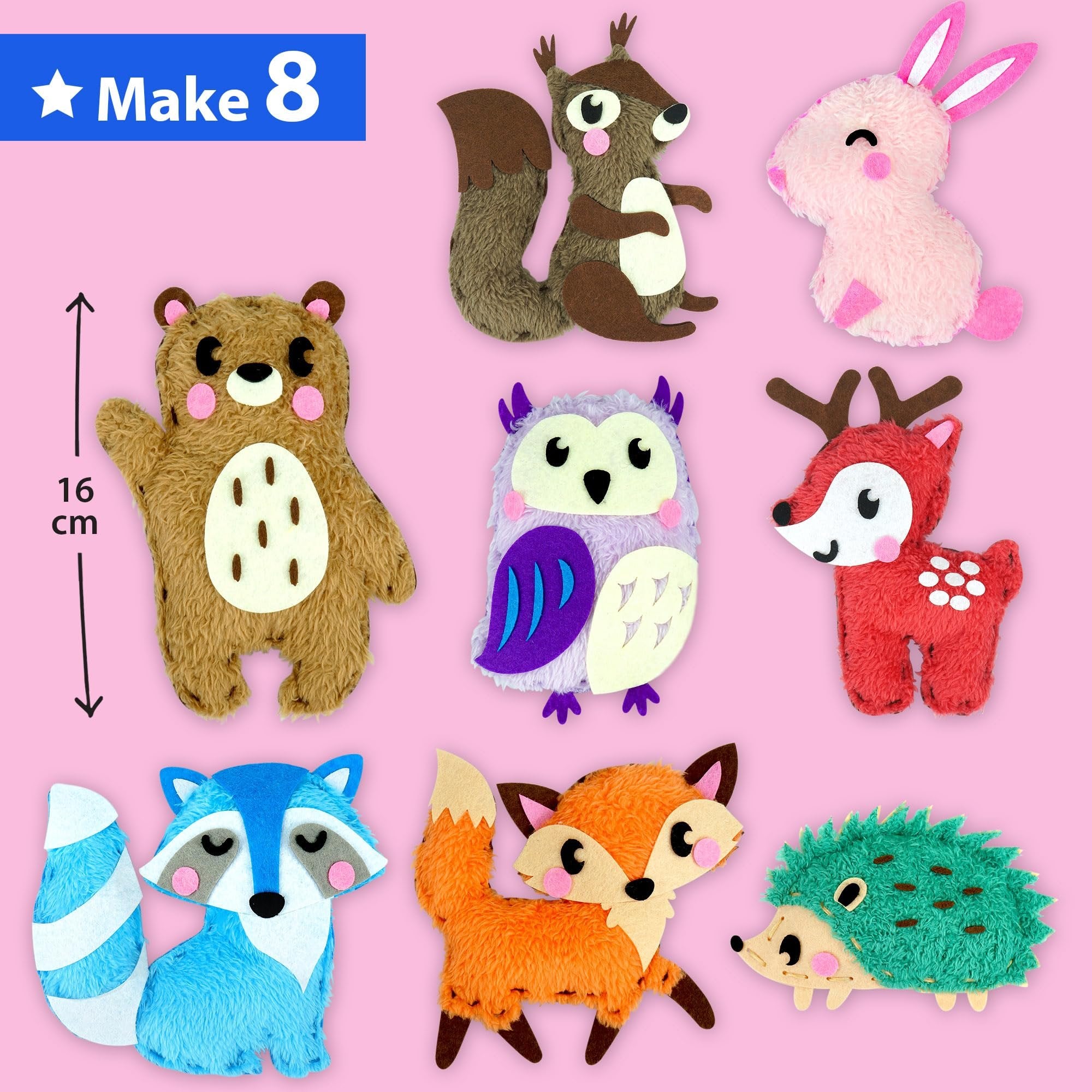 Collection of 8 felt woodland animal stuffed doll crafts on a pink background, including a bear, squirrel, rabbit, owl, deer, raccoon, fox, and hedgehog.