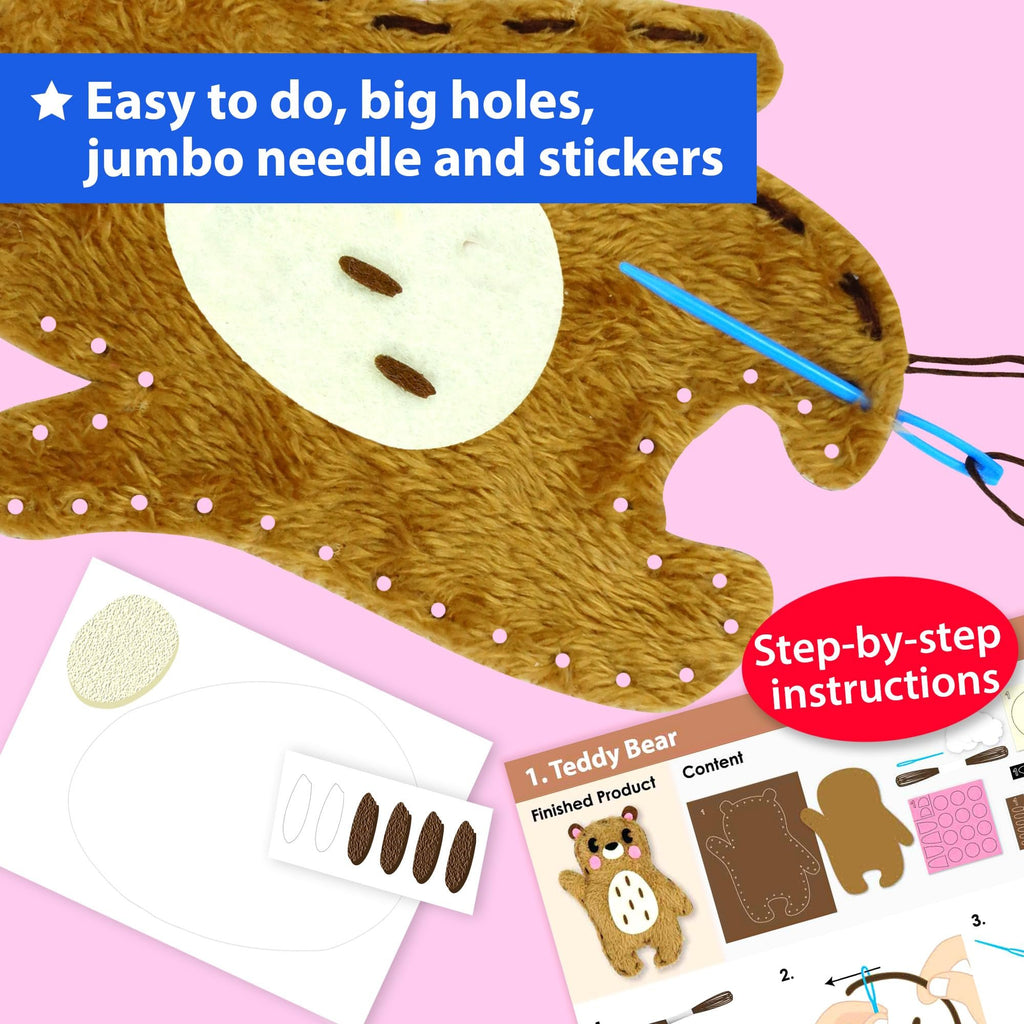 Close-up of a fuzzy teddy bear sewing kit in progress, showing pre-cut felt pieces and a blue needle with brown thread.