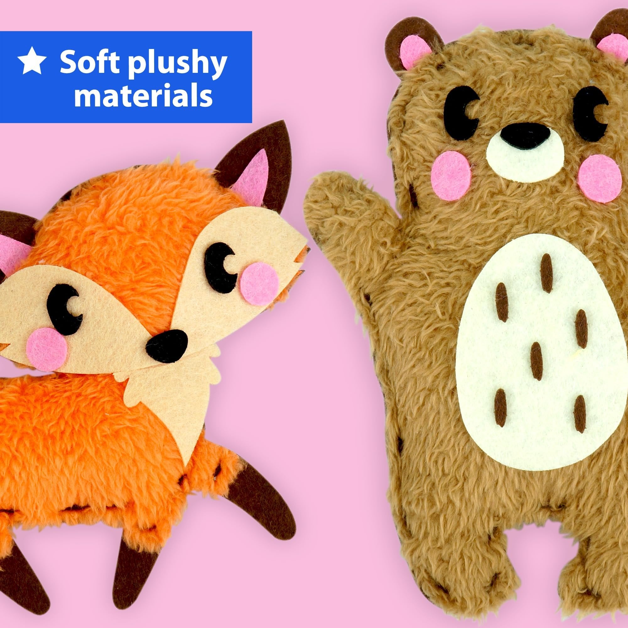 Felt woodland animal stuffed dolls, a fox and a bear, on a pink background with a blue banner.