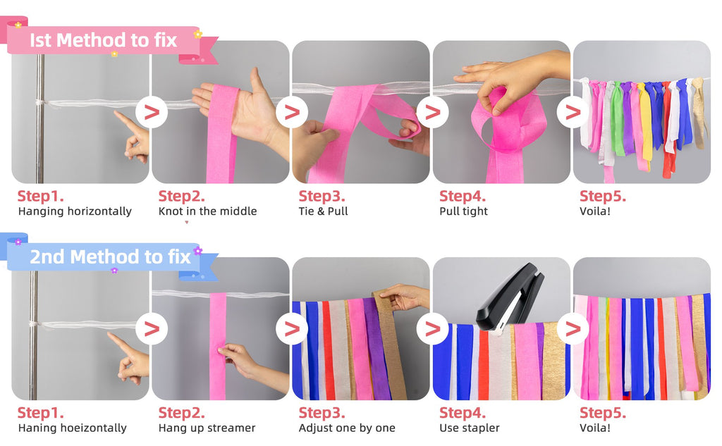 Crepe paper streamers being hung and secured using two different methods, with step-by-step instructions.