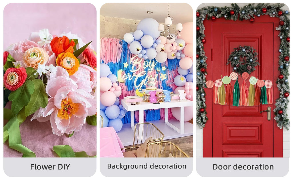Collage of three party decoration scenes: a bouquet of crepe paper flowers, a gender reveal party setup with balloons and a cake, and a red door decorated for Christmas.