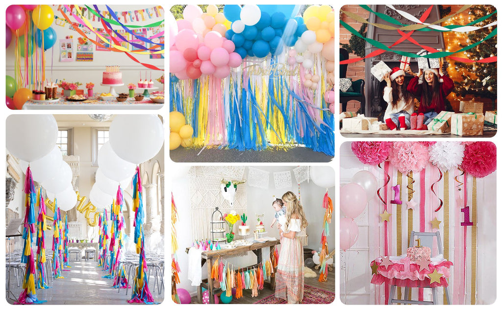 Collage of party decorations including streamers, balloons, cakes, and people celebrating.