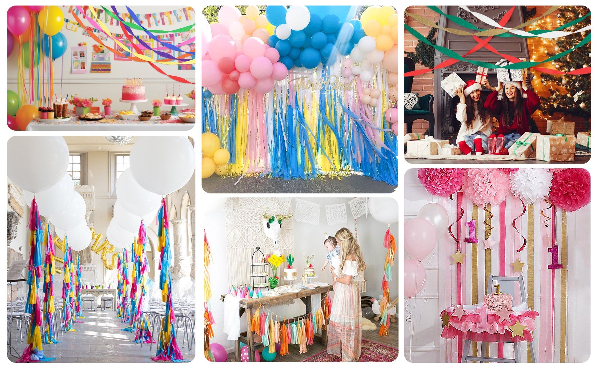 Collage of party decorations including streamers, balloons, cakes, and people celebrating.