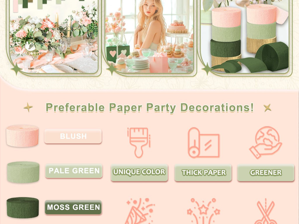 Three decorative scenes and product shots of crepe paper streamers in blush, pale green, and moss green colors.
