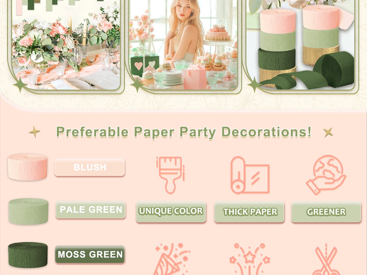 Three decorative scenes and product shots of crepe paper streamers in blush, pale green, and moss green colors.