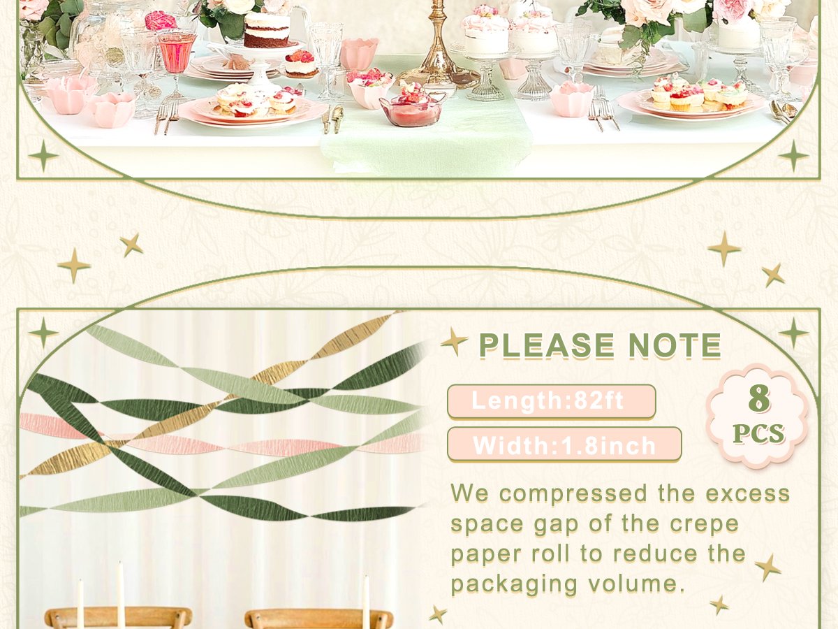 Party table setting with cakes and desserts above a display of green, pink, and gold crepe paper streamers.
