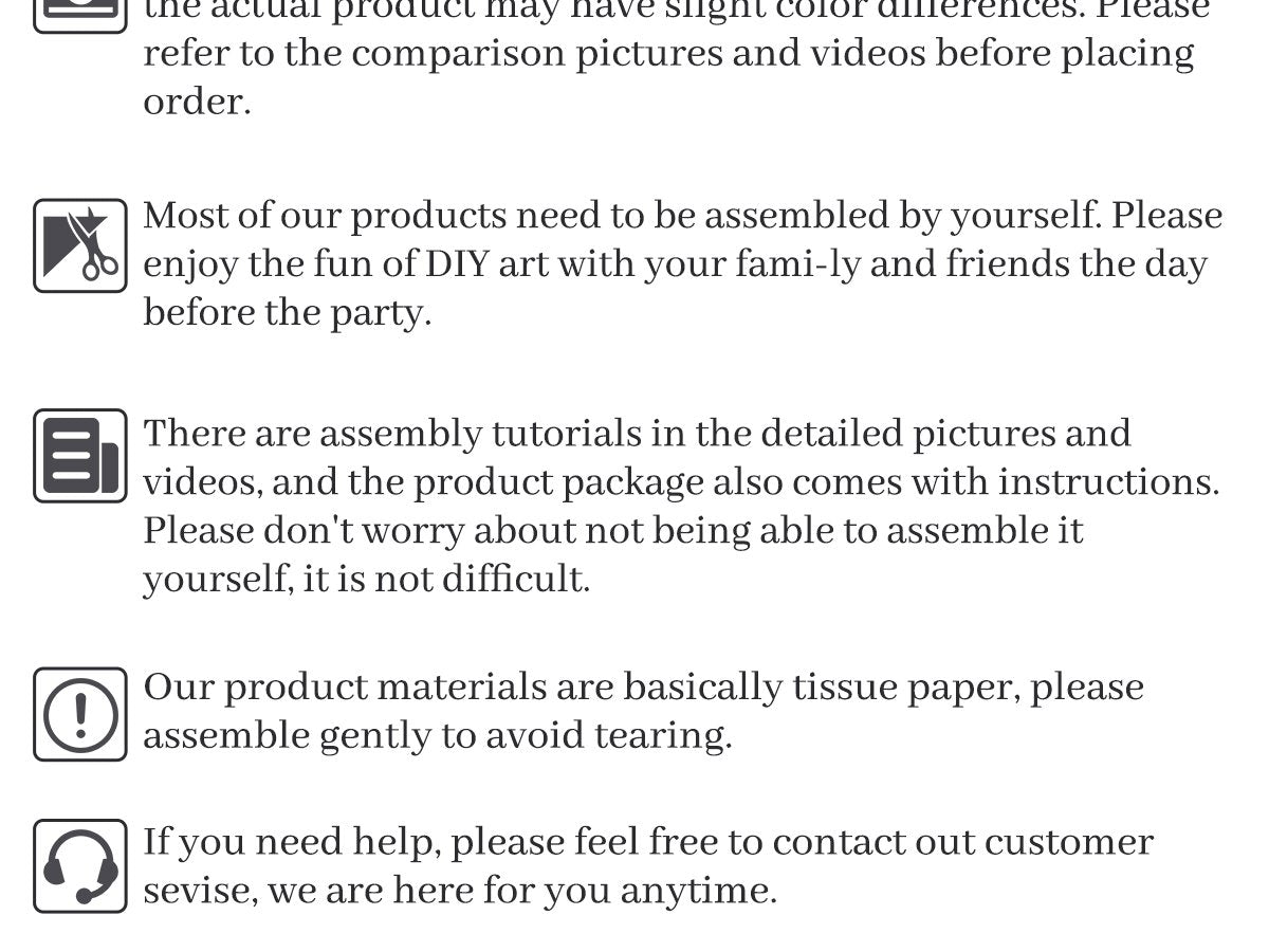 Information icons and text about product assembly, materials, and customer service.