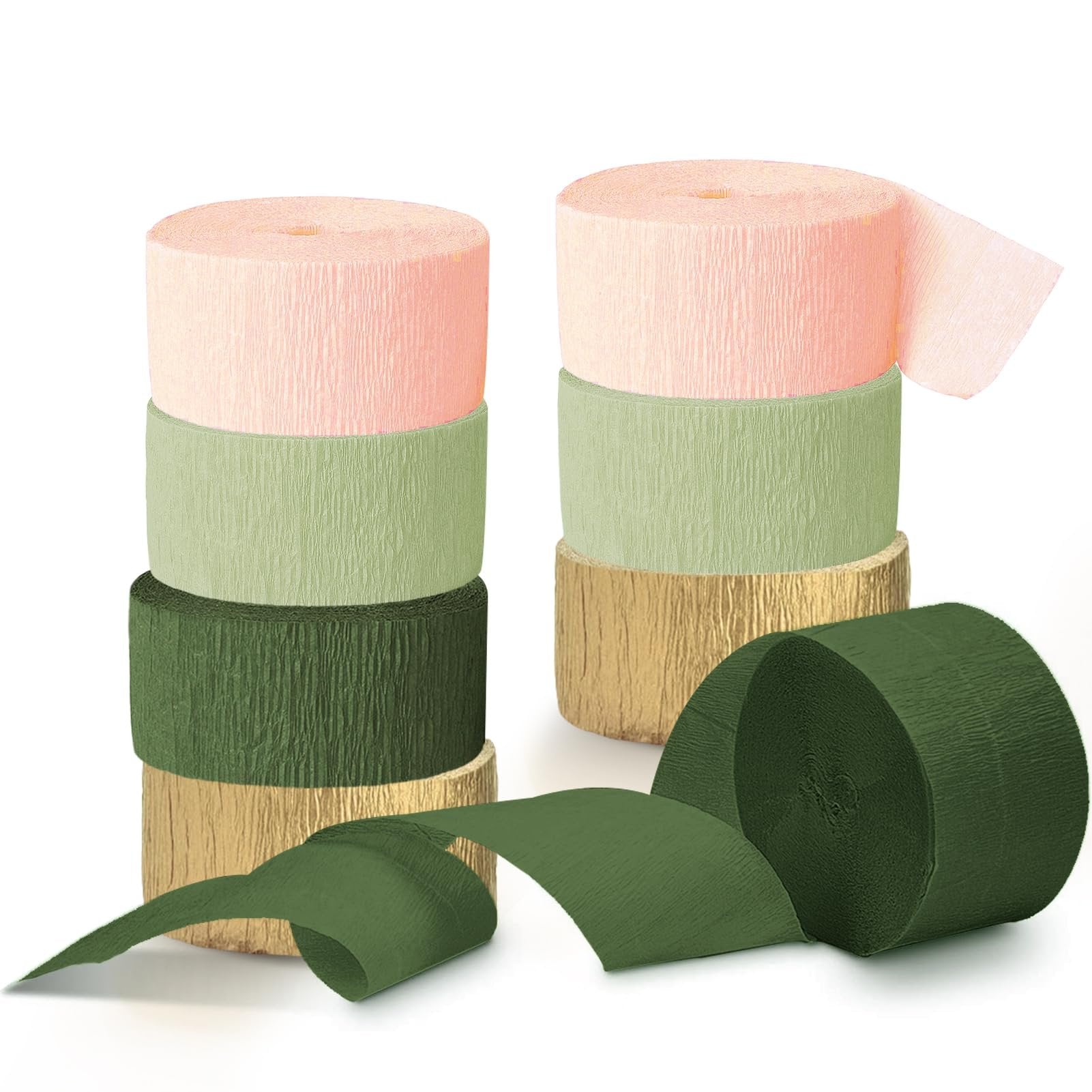 Four stacks of crepe paper streamers in pink, sage green, dark green, and gold, with one dark green roll unspooling in the foreground.
