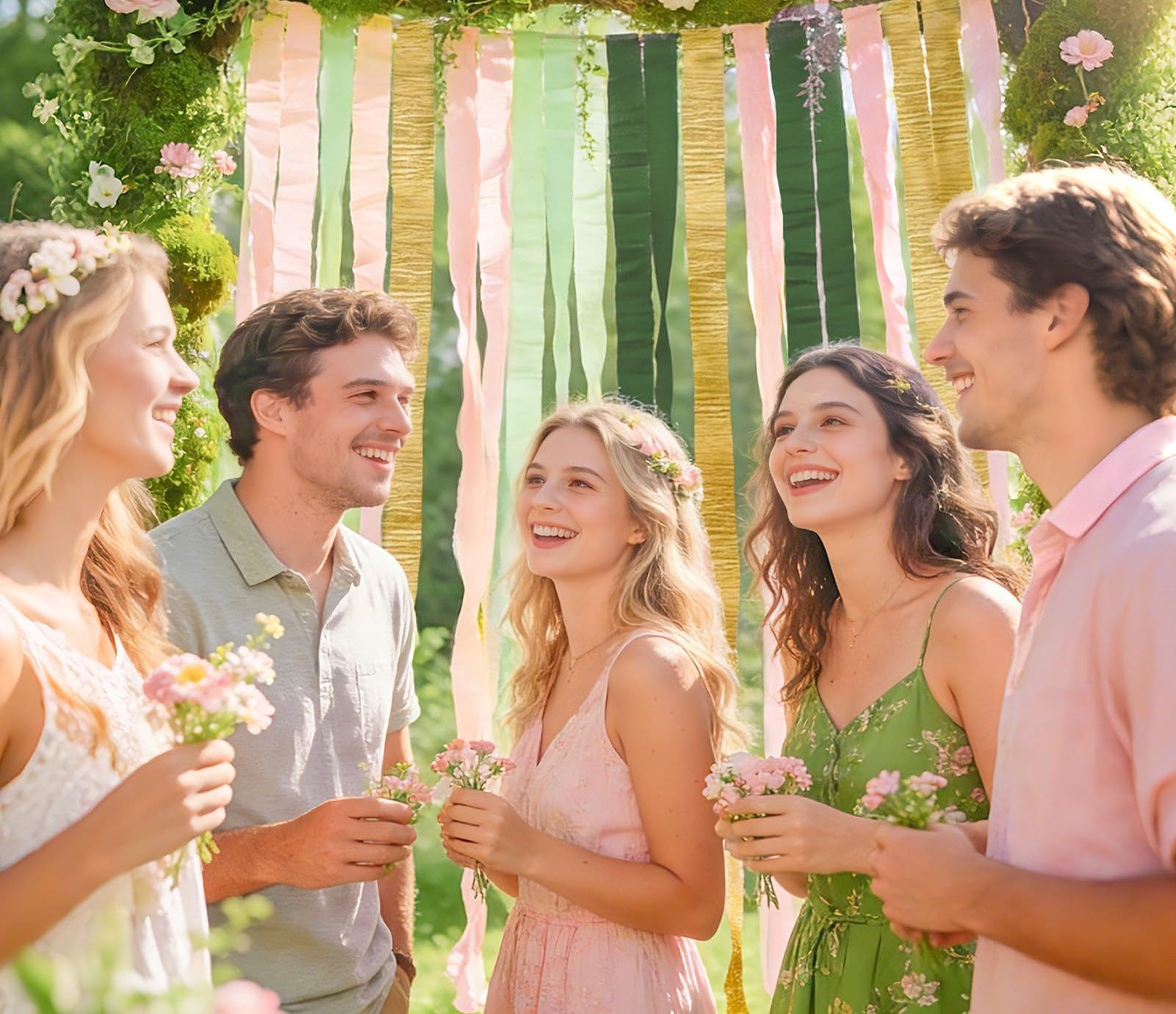 Group of five young adults smiling and holding flowers in front of a mossy arch decorated with streamers