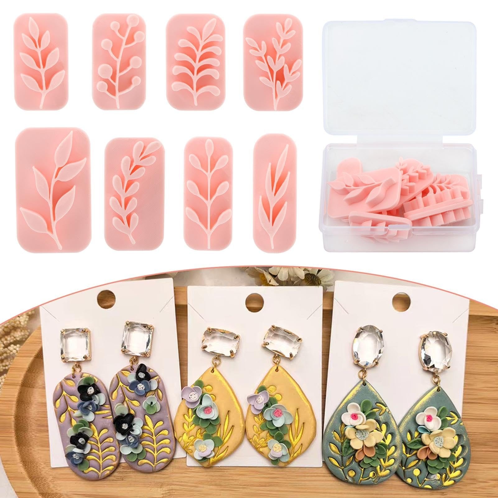 Pink polymer clay leaf and branch stamps and finished earrings with floral designs