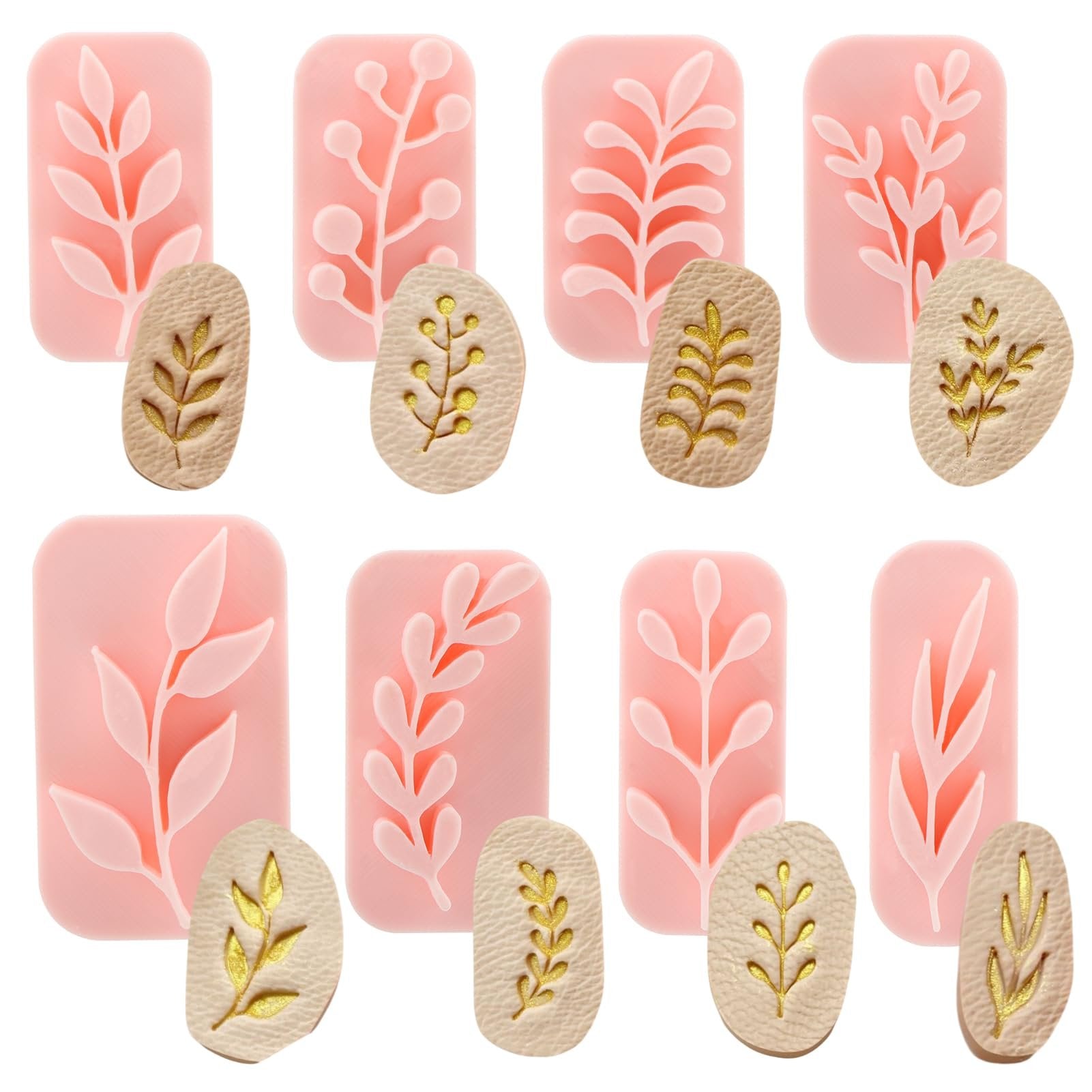 Set of eight botanical polymer clay stamps and cutters with leaf and branch designs in pink and gold.