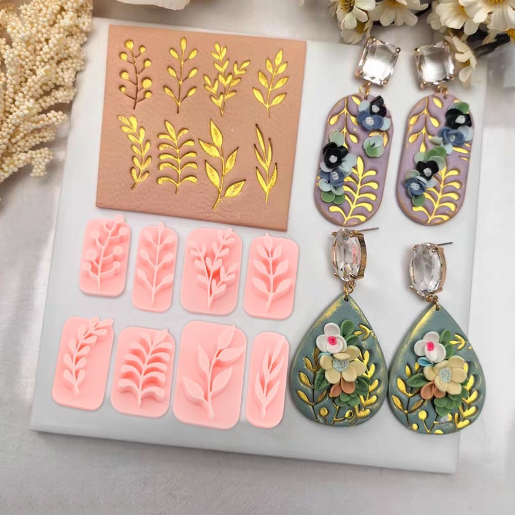 Polymer clay stamps and cutters in pink and tan with gold leaf patterns, alongside finished floral earrings.