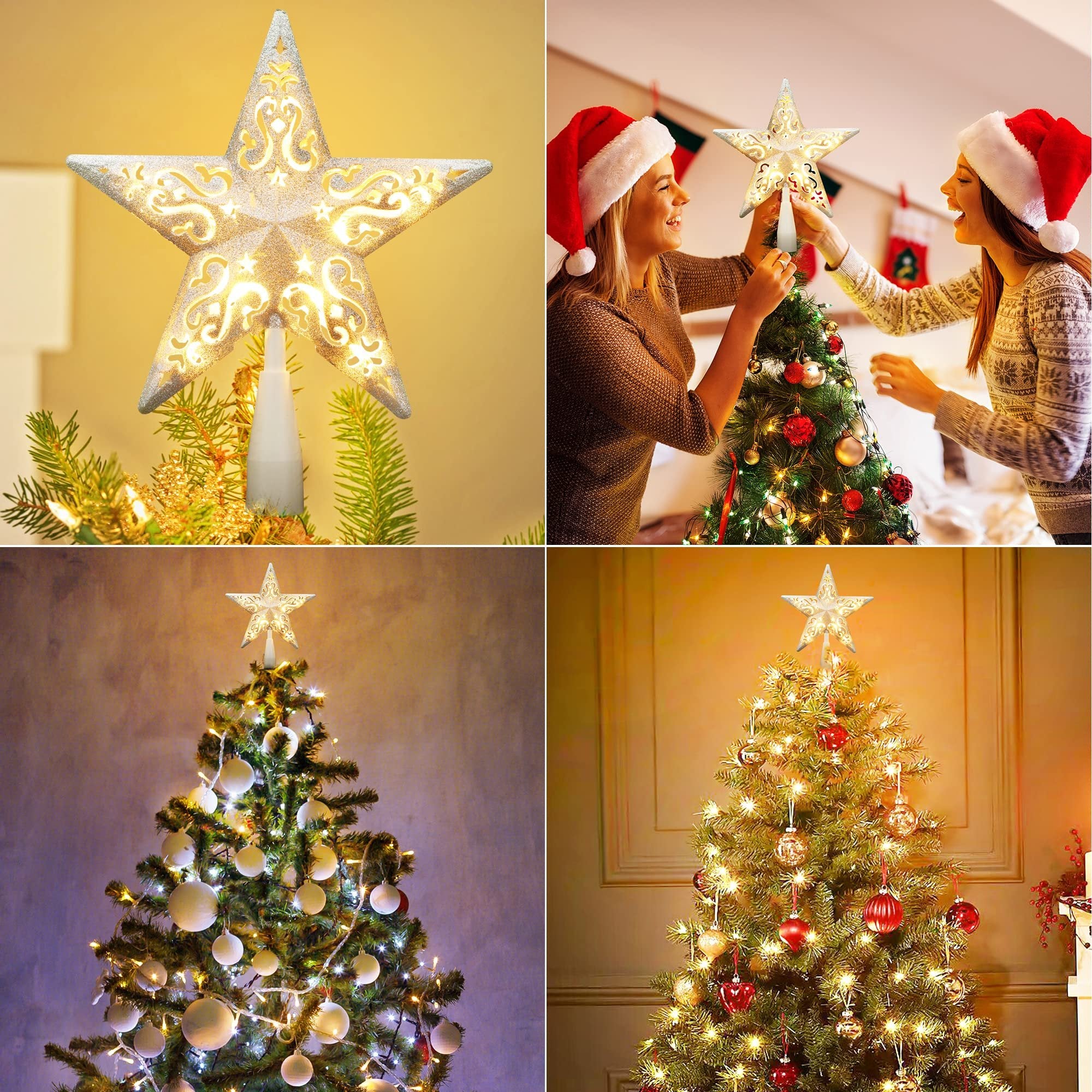 Four images showing a glittered star Christmas tree topper with warm white lights on decorated trees.
