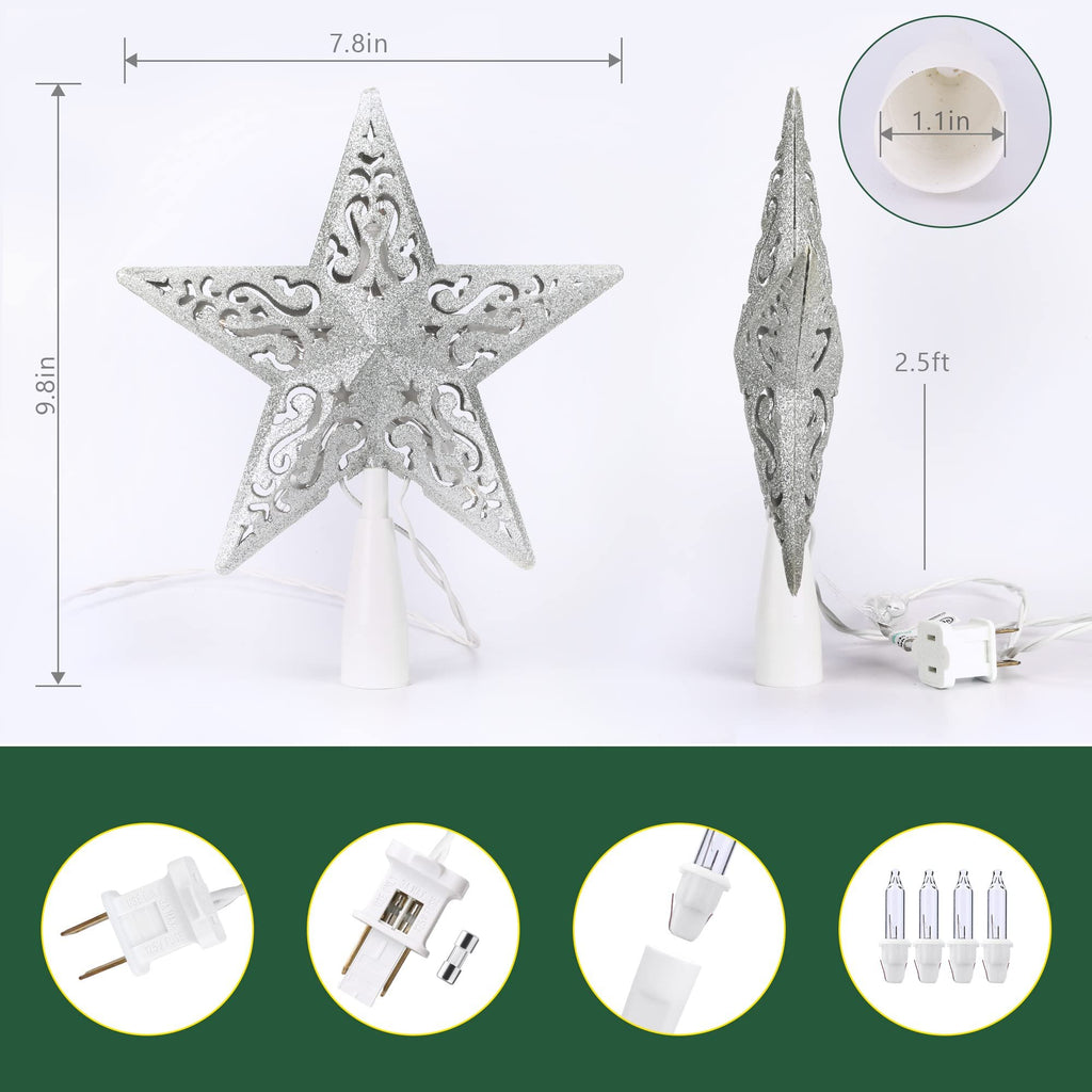 Silver glittered hollow-out star Christmas tree topper with lights and plug, shown with dimensions and accessories.