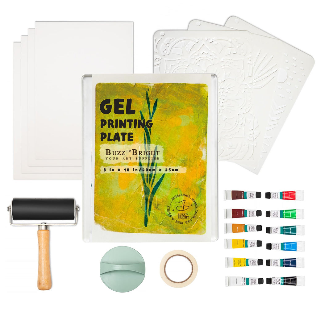 Gel printing plate kit contents including a brayer, stencils, paper, tape, and acrylic paint tubes.