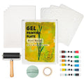 Gel printing plate kit contents including a brayer, stencils, paper, tape, and acrylic paint tubes.